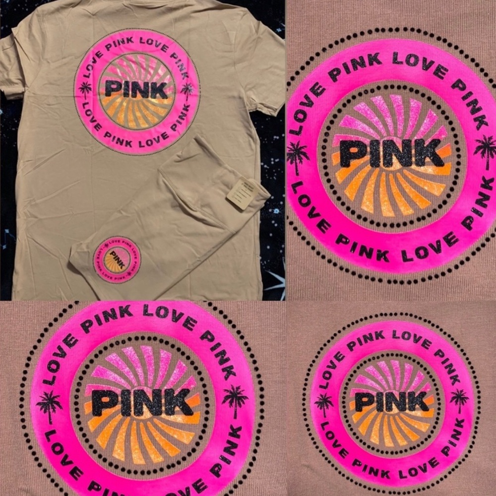 COPY - VS Pink Mocha Latte NEW RELEASE Tropical Campus Tee & Cotton Biker Short…
